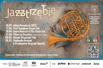 Zdjęcie zawiera plakat promujący JAZZtrzębie Festiwal z informacjami o wszystkich koncertach planowanych w ramach Festiwalu